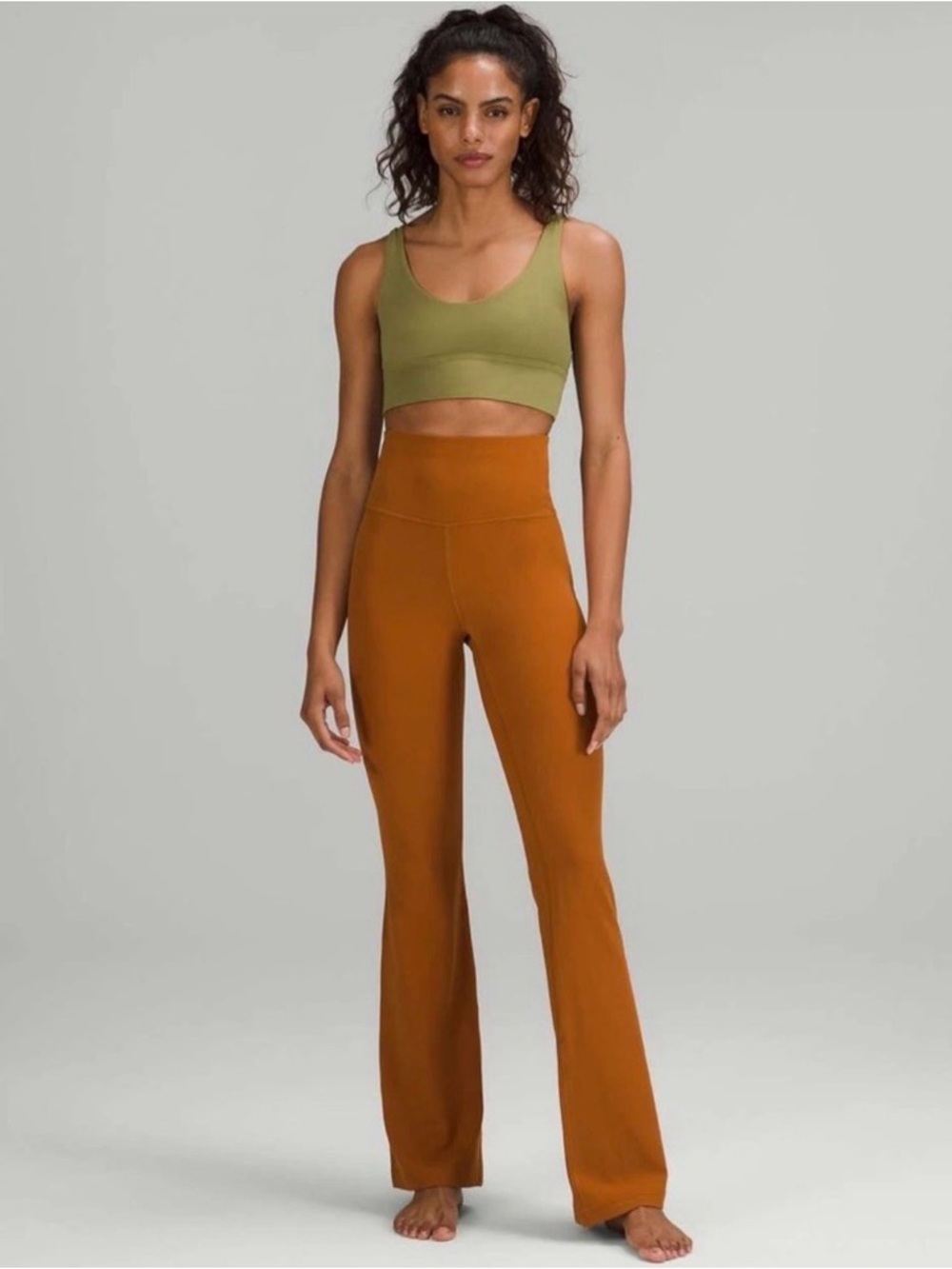 lululemon athletica Olive Green Sports Bra and Rust Orange Boot-Cut Leggings